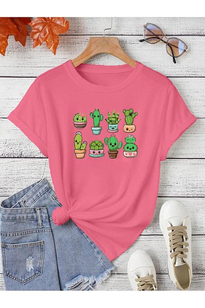 PENTHİLUS Tricou cu imprimeu cu cactusi drăguți și mixti de mărime mare