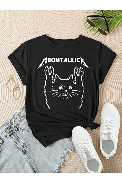 PENTHİLUS Μπλουζάκι με στάμπα γάτας Meowtallica Plus Size