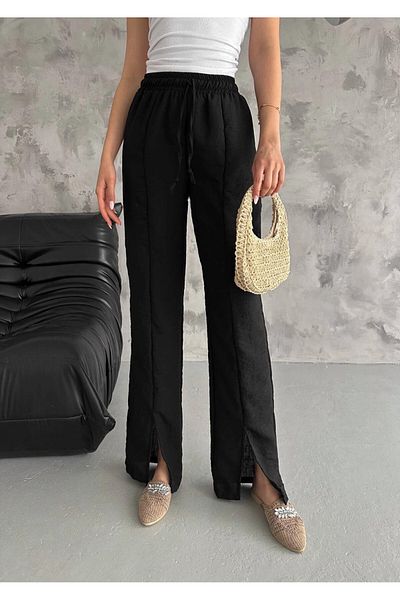 hazelin Black Linen Unlined Trousers - Elastic Waist, Slit Detail, Pocketless HZL24S-FRY121941