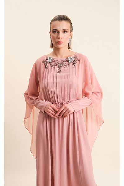 VERDA Viscous Evening Dress with Embroidered Collar and Tulle Detail
