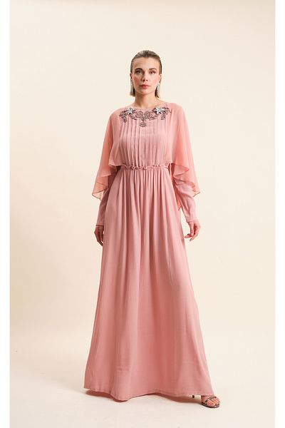 VERDA Viscous Evening Dress with Embroidered Collar and Tulle Detail