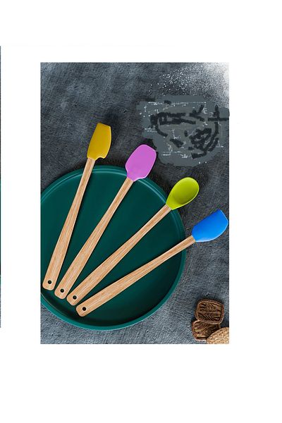 Asil Konsept Pastel Colored 4 Pieces Wooden Handle Heat Resistant Silicone Spatula Set - Kitchen Spoon Spatula