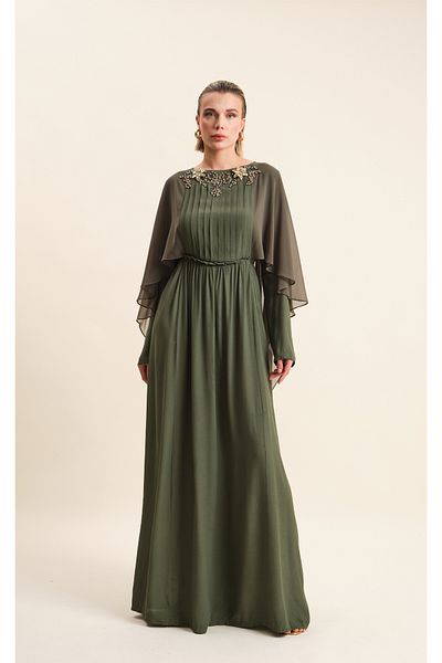 VERDA Viscous Evening Dress with Embroidered Collar and Tulle Detail