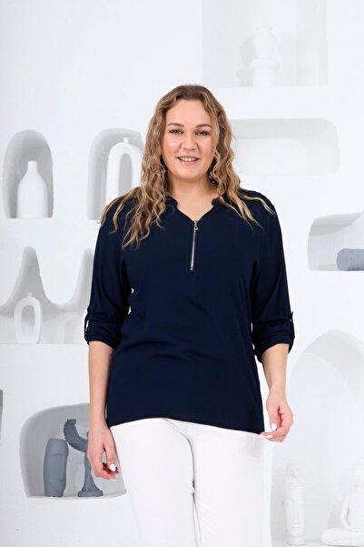 RMG Λεπτομερής μπλούζα με φερμουάρ με γιακά μεγάλου μεγέθους Navy Blue1