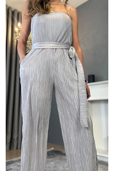 Atelier Derin Gray Satin Textured Suspender Romper