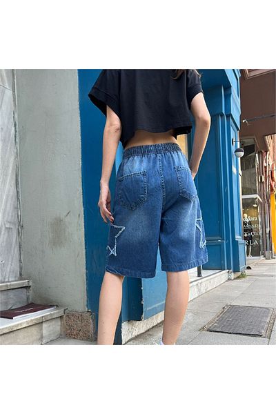 Gofeel Κοντό σορτς Pofidi Tech Star Patch Detail Streetwear Washed Denim
