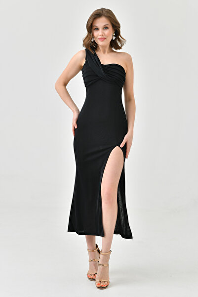 vuvutasarım Full Lycra Buzzy Fabric Slit Detailed One Shoulder Midi Length Summer Black Dress 1050