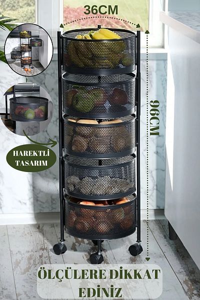 Ecolux Stainless Metal Potato - 5 Compartments, Wheeled Onion Pot Crisper, BLACK