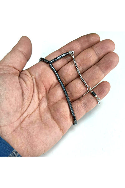 OltutaşıMarket 4 Parmak Kesme Model Gümüş Püsküllü Füme Hematit Taşı Tesbih 3,5 x 6 mm