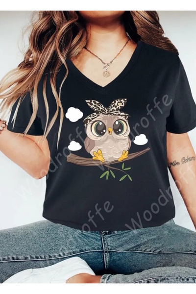 WOODROFFE Tricou negru cu decolteu în V, prietenos cu animalele - Potrivire l...