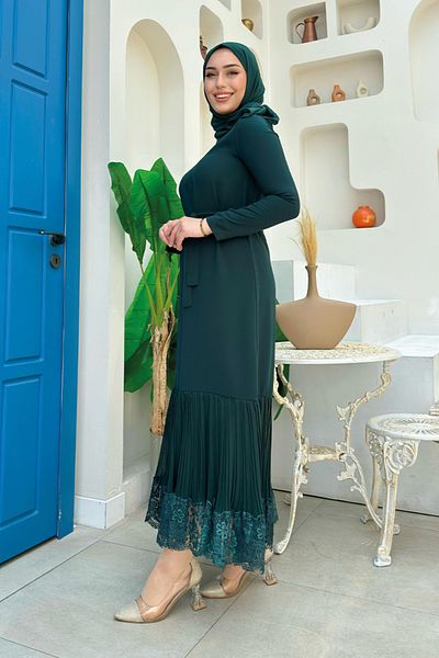 Bym Fashion Hem Pleated Lace-Looking Belted Dress 3890 Emerald