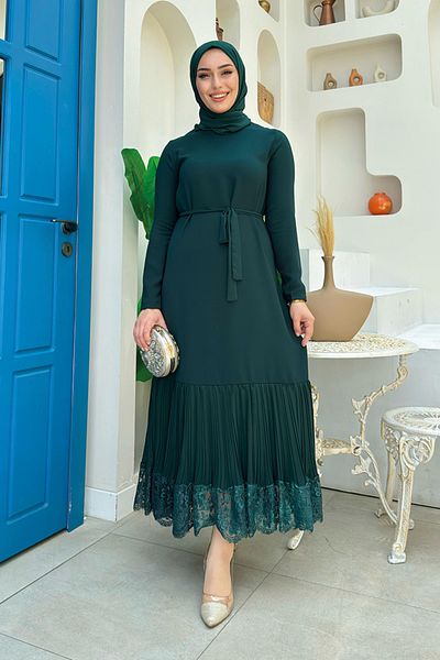 Bym Fashion Hem Pleated Lace-Looking Belted Dress 3890 Emerald