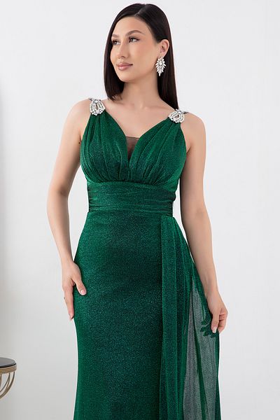 PULLIMM Glitter Detailed Shoulder Stone Evening Dress - 39844