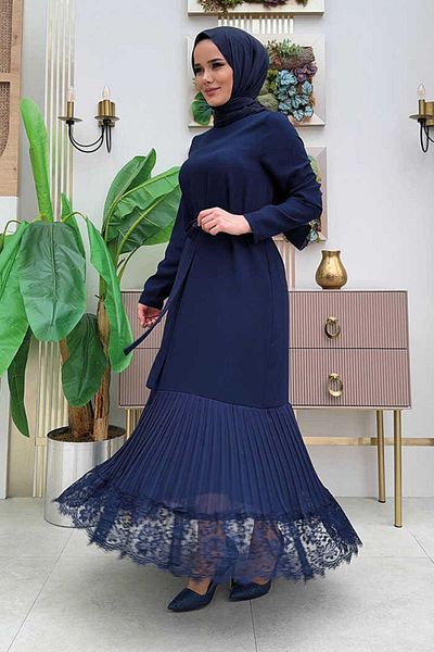 Bym Fashion Hem Pleated Lace-Looking Belted Dress 3890 Navy Blue