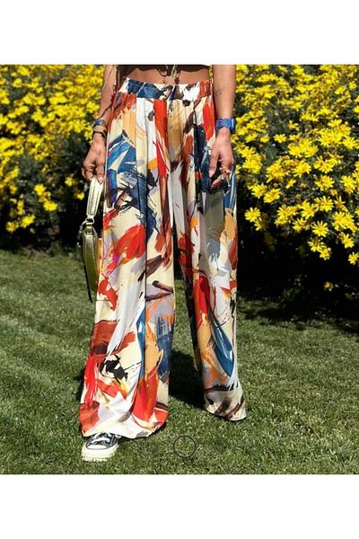NFS BUTİK Viscose Fabric - Brush Patterned, Rubber Waist, Wide Leg Trousers