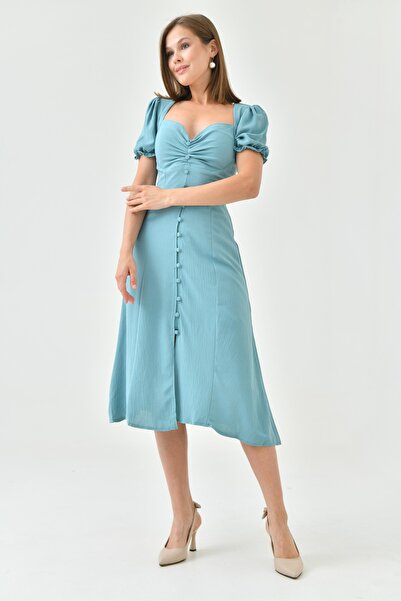 bayansepeti Γυναικεία επένδυση από ύφασμα Aerobin με κουμπιά με λεπτομερή γιακά Degaje, κοντό μανίκι μίντι φόρεμα 121