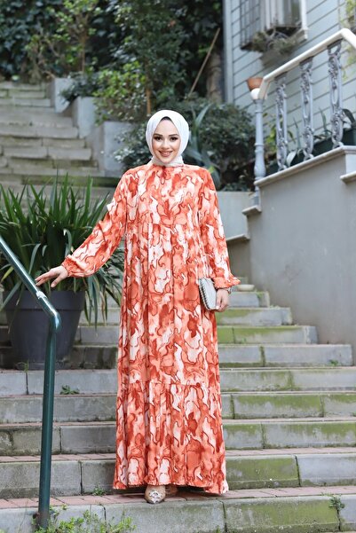 Sfg Life Moda WOMEN'S TESETTUR COLLAR FRONT TASSEL AND ARM TIP WOVEN WITH ELASTIC VISCOSE FABRIC EBRU PATTERNED DRESS