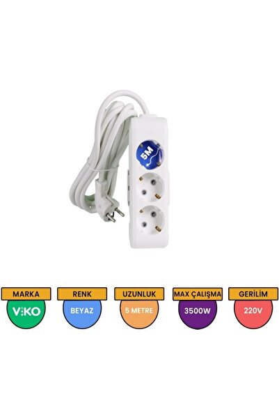 VİKO Viko 5 Metre Kablolu Topraklı Çocuk Korumalı Üçlü Priz