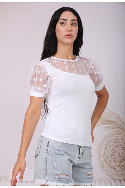 Düşess Kadın kol şifon puantiyeli bluz