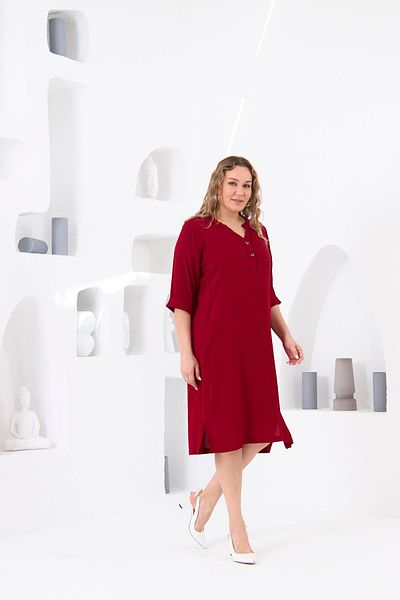 RMG Plus Size Viscose Dress - Claret Red RMG, Button Detail, Summer 06354