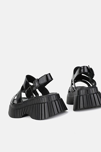 TUNAELLİ Black Patent Leather Genuine Natural Leather Women's Sandals - Size 36-41
