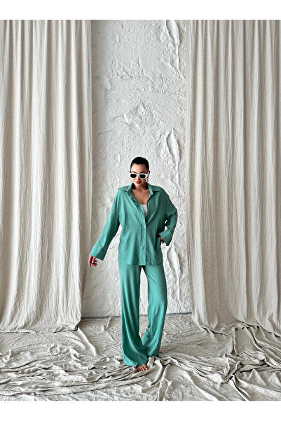 Laluvia Mint Textured Shirt Pants Set