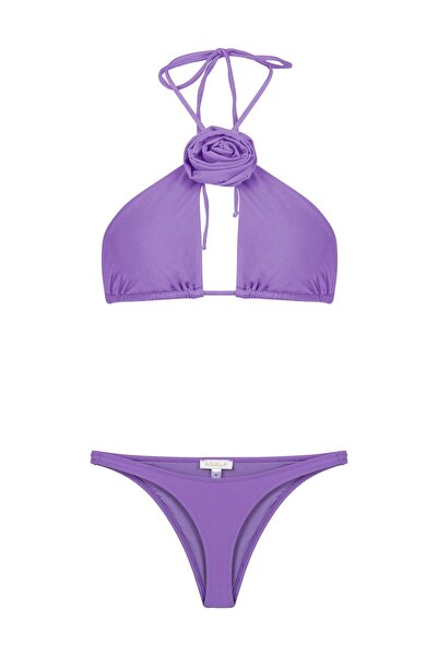 AQUELLA Set bikini triunghi violet - Detaliu trandafir la gât