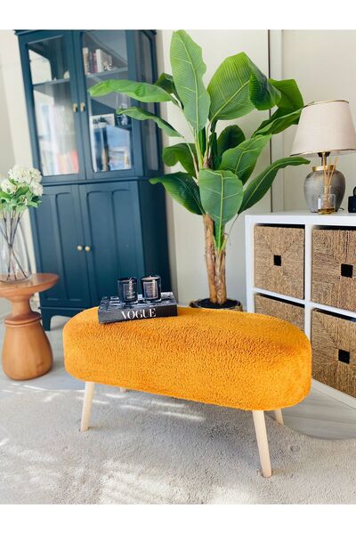 WEBPANYA Retro Ahşap Ayaklı Geniş Oturum Alanlı Oval Bench Puf Turuncu Teddy ...