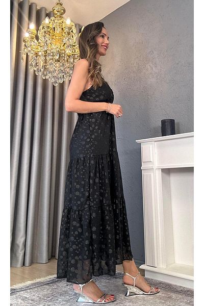 Atelier Derin Rochie lungă din șifon negru strălucitor