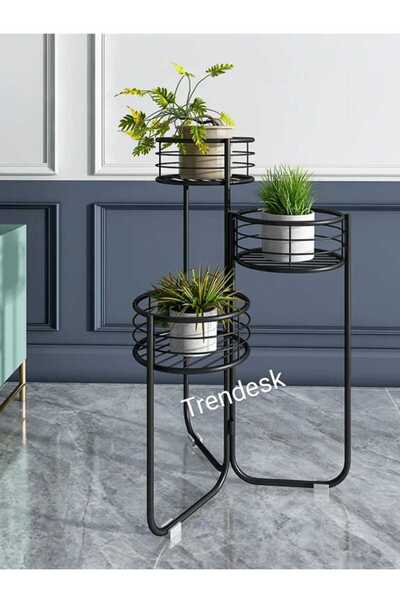 TRENDESK Modern 3 Katlı Metal Siyah Çiçeklik Saksı Standı Saksılık 3221