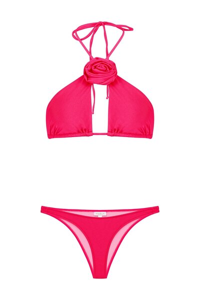 AQUELLA Fuchsia Triangle Bikini - Neck Rose Detailed Set