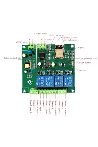 Motorobit ESP8266 ESP-12F AC 90-250v  DC 7-30V 4 Kanal Wifi Röle Modülü