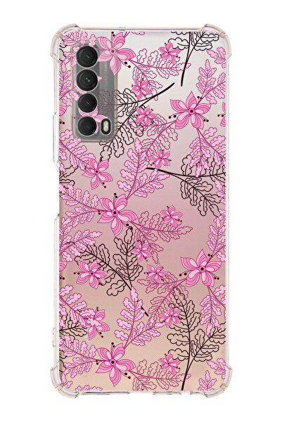 PrintiFy Huawei P Smart 2021 Uyumlu Köşe Korumalı Floral Pembe Tasarımlı Şeff...