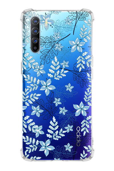 PrintiFy Oppo Reno 3 Uyumlu Köşe Korumalı Floral Mavi Tasarımlı Şeffaf Siliko...