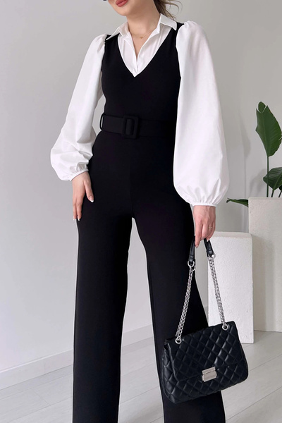 Neşeli Butik بذلة نسائية من الليكرا مع تفاصيل قميص بحزام أسود NBK2063