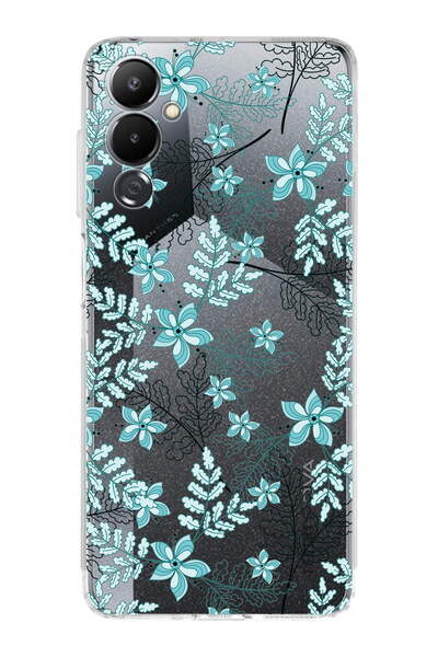 PrintiFy Tecno Pova 4 Uyumlu Kamera Korumalı Floral Su Yeşili Tasarımlı Şeffaf Silikon Kılıf