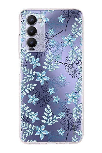 PrintiFy Tecno Camon 18 Uyumlu Kamera Korumalı Floral Mavi Tasarımlı Şeffaf Silikon Kılıf