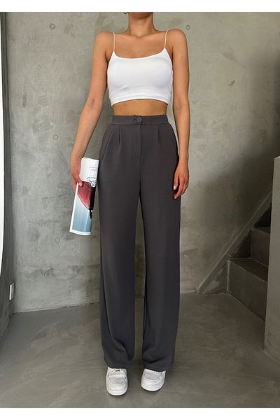 Laluvia Anthrazitfarbene Palazzo-Hose mit Knopfleiste und Flordetail