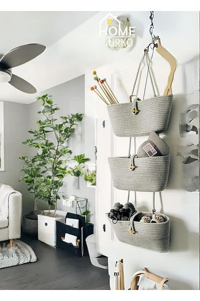 HomeTurko Triple Back Hanging Basket Containing Wicker Jute - Book and Baby Toy Storage, Bath Basket