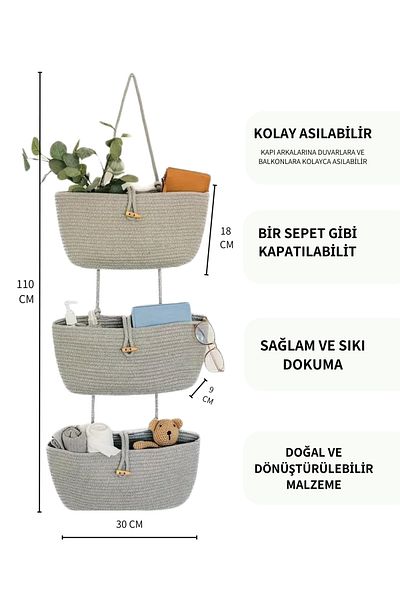 HomeTurko Triple Back Hanging Basket Containing Wicker Jute - Book and Baby Toy Storage, Bath Basket