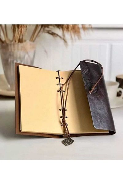 MRShopping Leather Souvenir Book with MR Leaf Design Dark Coffee Pen Gift