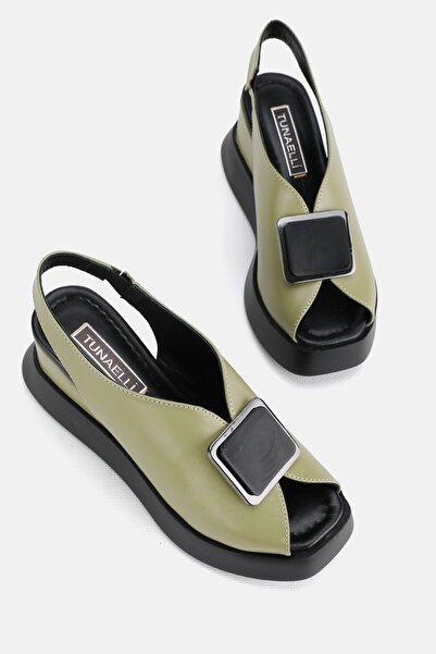 TUNAELLİ Sandale de damă din piele naturală verzi - toc pană