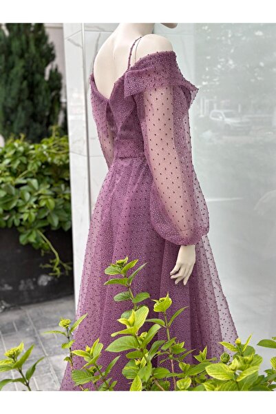 Saygın 399 Поважне вечірнє плаття середньої довжини з поясом з тюлю