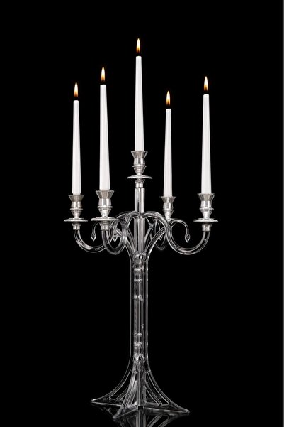 TR Turan Collection GÜL ŞAMDAN 5 Kollu Polikarbon Dekoratif Şamdan Gümüş Dekorlu - Düğün, Organizasyon Şamdan Seti