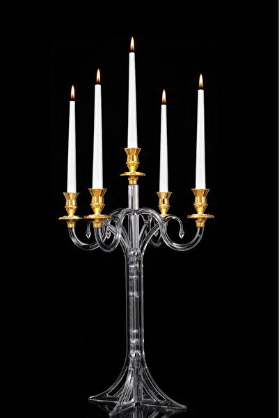 TR Turan Collection GÜL ŞAMDAN 5 Kollu Polikarbon Dekoratif Şamdan Gold Dekor...