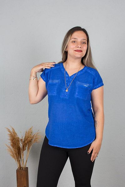 Truva XXL Plus Size Cotton Washed V-Neck Authentic Blouse Colorful B104