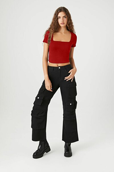 zaccana z Women's Square Collar Double Layer Sandy Crop Top - Short Sleeve