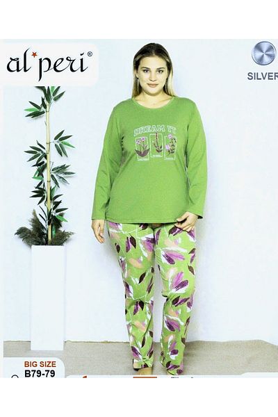 Alperi Plus Size Battal Seasonal Long Sleeve Pajama Set Green