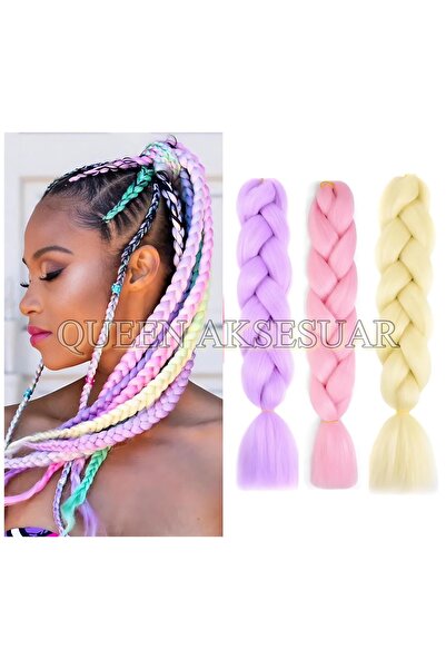 Queen Nelly 3lü rasta jumbo unicorn renkli gökkuşağı örgü seti mor pembe sarı...