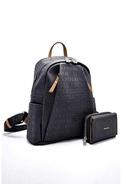 Just Polo حقيبة ظهر ومحفظة مطبوعة منقوشة باللون الأسود مكونة من 9 أقسام للنساء